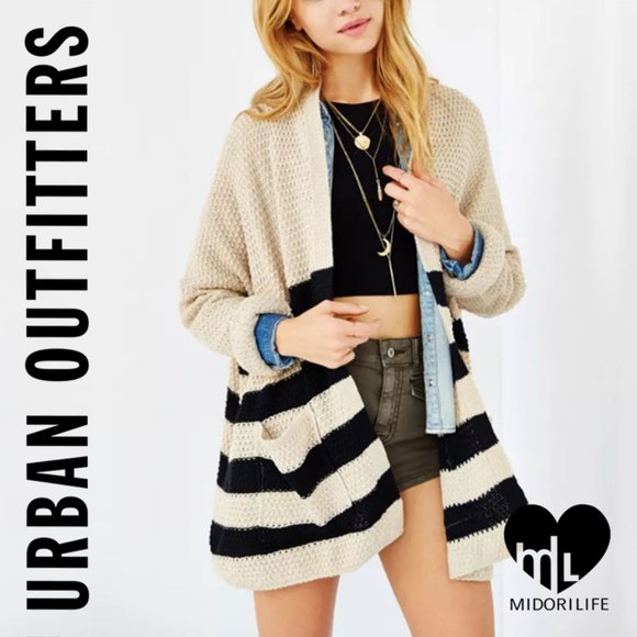 BDG Rolled-Sleeve Open Front Striped Cardigan - Picture 1 of 9